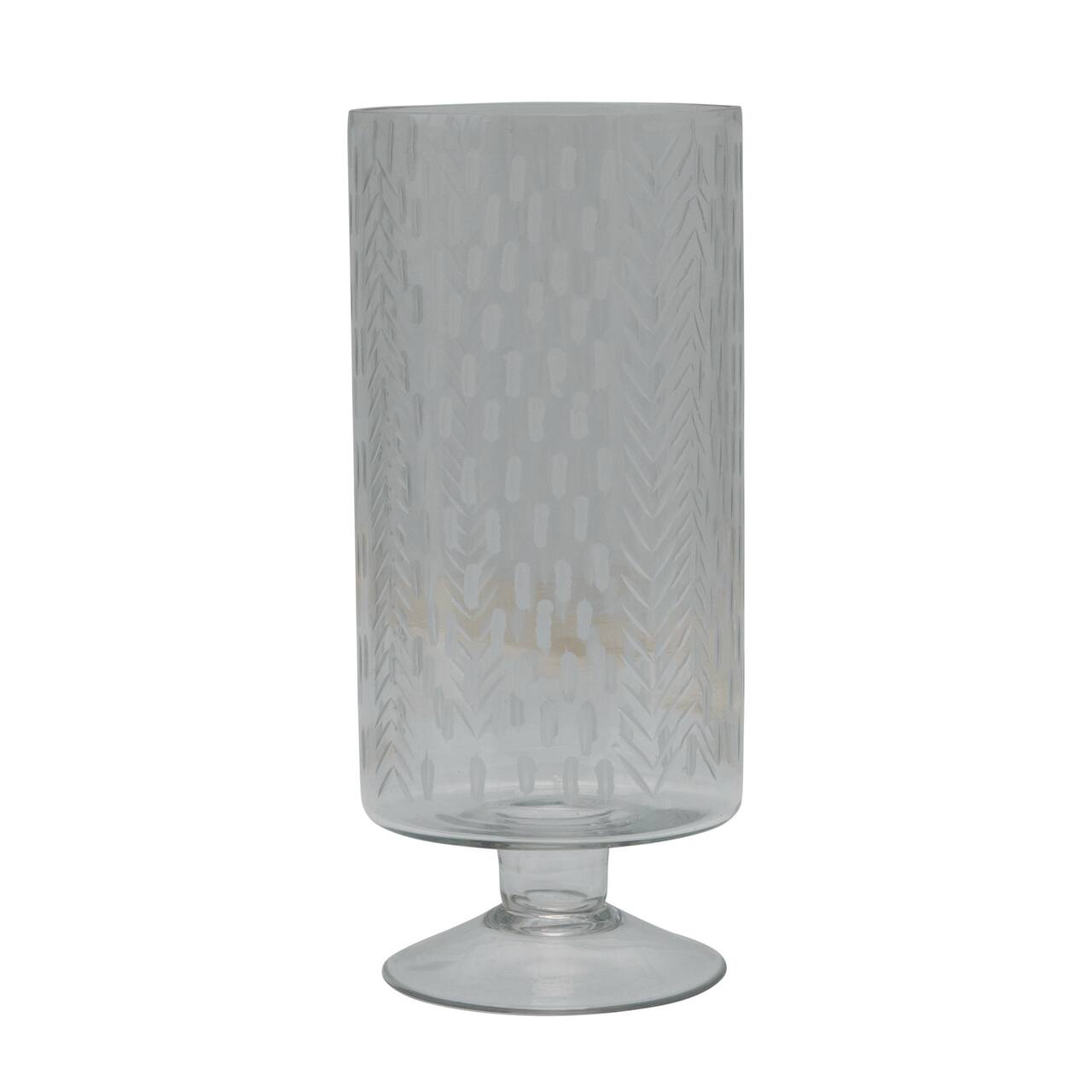 Hello Honey® 11" Glass Footed Hurricane Vase with Etched Pattern